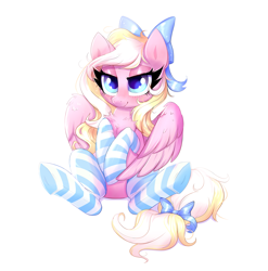 Size: 2281x2313 | Tagged: safe, artist:confetticakez, imported from derpibooru, oc, oc only, oc:bay breeze, pegasus, pony, blushing, bow, chest fluff, clothes, female, hair bow, lidded eyes, mane bow, mare, simple background, sitting, socks, solo, striped socks, tail bow, white background