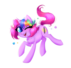 Size: 2387x2297 | Tagged: safe, artist:confetticakez, imported from derpibooru, oc, oc only, oc:techy twinkle, pony, unicorn, candy, chest fluff, female, food, konpeito, mare, one eye closed, simple background, smiling, solo, white background, wink