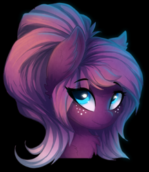 Size: 346x400 | Tagged: safe, artist:a-lunar-eclipse, imported from derpibooru, oc, oc only, pony, bust, ear fluff, eye clipping through hair, female, freckles, looking at you, mare, portrait, purple, smiling