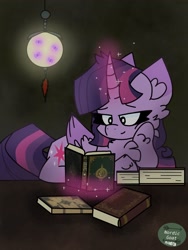 Size: 1536x2048 | Tagged: safe, artist:nordicgoat, imported from derpibooru, twilight sparkle, alicorn, pony, book, chest fluff, ear fluff, female, folded wings, hoof on cheek, hoof on chin, lamp, lying down, magic, prone, reading, relaxing, solo, twilight sparkle (alicorn), wings