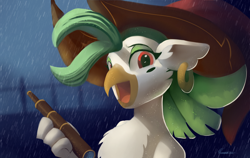 Size: 3562x2250 | Tagged: safe, artist:auroriia, imported from derpibooru, captain celaeno, anthro, bird, parrot, my little pony: the movie, beauty mark, clothes, ear piercing, female, happy, hat, high res, open mouth, piercing, pirate, pirate hat, rain, solo, telescope