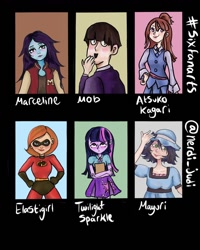 Size: 1080x1350 | Tagged: safe, artist:nerdi_judi, imported from derpibooru, twilight sparkle, human, six fanarts, equestria girls, adventure time, akko kagari, atsuko kagari, blushing, book, clothes, costume, crossover, cutie mark, cutie mark on clothes, elastigirl, female, hat, helen parr, jacket, little witch academia, male, marceline, mask, mayuri shiina, mob psycho 100, mrs. incredible, shigeo kageyama, skirt, steins;gate, the incredibles