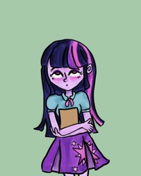 Size: 1080x1350 | Tagged: safe, alternate version, artist:nerdi_judi, imported from derpibooru, twilight sparkle, equestria girls, blushing, book, clothes, cutie mark, cutie mark on clothes, female, green background, simple background, skirt, solo, steins;gate