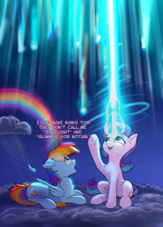 Size: 2856x3962 | Tagged: safe, artist:xbi, imported from derpibooru, rainbow dash, starlight glimmer, pegasus, pony, unicorn, backwards cutie mark, cloud, cute, dialogue, duo, feather, female, high res, looking up, magic, magic overload, mare, night, on a cloud, rain, rainbow, shocked, shocked expression, shooting star, sitting, sitting on a cloud, sky, stars