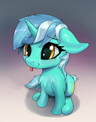 Size: 2445x3096 | Tagged: safe, artist:xbi, imported from derpibooru, lyra heartstrings, pony, unicorn, :p, blushing, chest fluff, cute, female, floppy ears, gradient background, lyrabetes, sitting, solo, tongue out