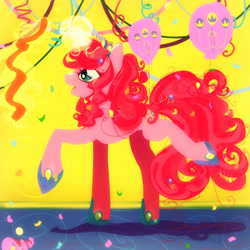 Size: 1000x1000 | Tagged: safe, artist:aruva-chan, imported from derpibooru, pinkie pie, alicorn, pony, alicornified, balloon, confetti, female, glowing horn, hoof shoes, horn, mare, pinkiecorn, princess pinkie pie, race swap, solo, streamers