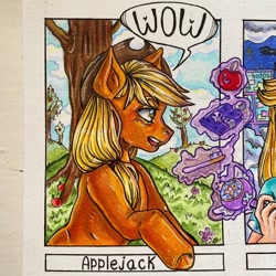 Size: 1080x1080 | Tagged: safe, alternate version, artist:sirsaut, imported from derpibooru, applejack, earth pony, pony, bust, cropped, female, hat, magic, mare, outdoors, surprised, telekinesis, traditional art, tree