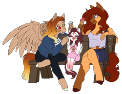 Size: 2666x2061 | Tagged: safe, artist:purplegrim40, imported from derpibooru, oc, oc only, oc:ember rose, oc:firelight, oc:honeypot meadow, anthro, dracony, dragon, earth pony, hybrid, pegasus, pony, unguligrade anthro, adopted daughter, adopted offspring, anthro oc, clothes, commission, digital art, earth pony oc, family, female, filly, food, freckles, gradient hooves, gradient mane, heterochromia, ice cream, jewelry, lesbian, mare, married couple, napkin, pants, park bench, pegasus oc, ring, shorts, simple background, transparent background, wedding ring, wing freckles, wings