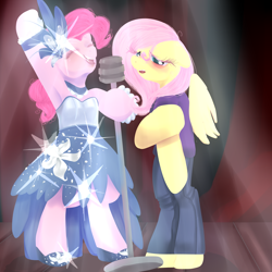 Size: 3000x3000 | Tagged: safe, artist:aruva-chan, imported from derpibooru, fluttershy, pinkie pie, earth pony, pegasus, semi-anthro, arm hooves, armpits, blushing, clothes, dress, duo, embarrassed, female, jeans, mare, microphone, pants, singing, sparkles