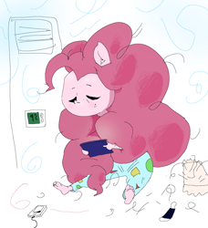 Size: 1200x1318 | Tagged: safe, imported from derpibooru, pinkie pie, anthro, earth pony, plantigrade anthro, air conditioner, airpods, barefoot, big hair, clothes, feet, mask, mp3 player, pajamas, pillow, tablet, toes