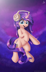 Size: 3500x5500 | Tagged: safe, artist:pyropk, imported from derpibooru, oc, oc only, oc:melody verve, pony, unicorn, beats by dr dre, beautiful, commission, cutie mark, digital art, female, floating, full body, happy, headphones, illustration, looking at you, music, simple background, smiley face, smiling, solo