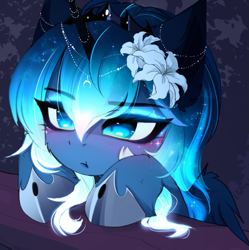 Size: 825x828 | Tagged: safe, artist:magnaluna, imported from derpibooru, princess luna, alicorn, pony, blushing, crown, cute, female, filly, flower, flower in hair, jewelry, lunabetes, pouting, regalia, solo, woona, younger