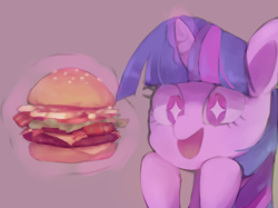 Size: 1263x947 | Tagged: safe, artist:lexiedraw, imported from derpibooru, twilight sparkle, pony, burger, eyes on the prize, female, food, hamburger, hoof on chin, magic, mare, simple background, solo, starry eyes, telekinesis, that pony sure does love burgers, twilight burgkle, wingding eyes