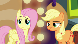 Size: 1280x720 | Tagged: safe, imported from derpibooru, screencap, applejack, fluttershy, earth pony, pegasus, viva las pegasus, cowboy hat, duo, female, hat, mare, stetson