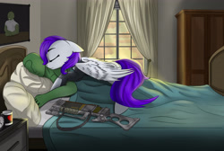 Size: 4850x3250 | Tagged: safe, artist:singovih, imported from derpibooru, oc, oc only, oc:anon, oc:morning glory (project horizons), human, pegasus, pony, fallout equestria, ah yes me my girlfriend and her x, armor, bed, bodysuit, clothes, commission, cup, curtains, cute, daaaaaaaaaaaw, dashite, female, human on pony snuggling, laser rifle, mare, meme, snuggling, sweet dreams fuel, wardrobe, window, ych result