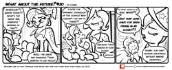 Size: 1600x655 | Tagged: safe, artist:lummh, imported from derpibooru, luster dawn, trixie, pony, unicorn, comic:what about the future, the last problem, aunt, auntie, auntie trixie, bed, cape, clothes, comic, eyes closed, female, great and powerful, hat, mare, monochrome, patreon, patreon logo, room, speech bubble, third person, trixie being trixie, trixie's cape, trixie's hat
