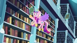 Size: 1280x720 | Tagged: safe, imported from derpibooru, screencap, princess cadance, alicorn, pony, the crystalling, book, bookshelf, butt, crystal empire library, female, flying, library, lovebutt, magic, plot, solo, telekinesis