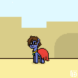 Size: 400x400 | Tagged: safe, artist:vohd, imported from derpibooru, oc, oc:bizarre song, earth pony, pony, animated, bouncing, cape, clothes, crash, desert, dust cloud, frame by frame, jumping, male, pronking, smiling, solo, stallion