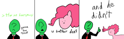 Size: 3689x1166 | Tagged: safe, artist:2merr, pinkie pie, oc, oc:anon, earth pony, human, pony, /mlp/, 3 panel comic, 4chan, :), comic, dialogue, duo, female, male, mare, smiley face, smiling, stylistic suck, thumbs up, white background