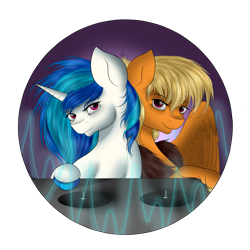 Size: 2449x2449 | Tagged: safe, artist:crazyaniknowit, imported from derpibooru, dj pon-3, vinyl scratch, oc, oc:leona sky, pegasus, unicorn, duo, pegasus oc, wings