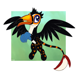 Size: 2400x2250 | Tagged: safe, artist:litrojia, imported from derpibooru, oc, oc only, oc:tristão, bird, griffon, ocelot, toco toucan, toucan, abstract background, beak, claws, commission, flying, griffon oc, looking at you, male, open beak, open mouth, paws, smiling, solo, spots, spread wings, tongue out, toucan griffon, vector, wings