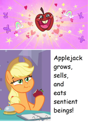 Size: 904x1256 | Tagged: safe, edit, imported from derpibooru, screencap, applejack, earth pony, pony, a trivial pursuit, my little pony: pony life, the 5 habits of highly effective ponies, spoiler:pony life s01e34, :t, apple, apple tree, applejack is best facemaker, applejack's hat, basket, chewing, confident, cowboy hat, cropped, eating, eyes closed, faic, female, food, freckles, g4.5, hat, heart, herbivore, holding, hooves on the table, laughing, lidded eyes, mare, ponytail, puffy cheeks, rainbow, raised eyebrow, raised hoof, sitting, smiling, smirk, smugjack, solo, stetson, talking, that pony sure does love apples, tree