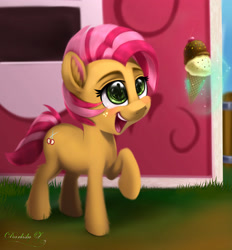 Size: 3011x3250 | Tagged: safe, artist:darksly, imported from derpibooru, babs seed, earth pony, pony, barn, cheek fluff, cutie mark, ear fluff, female, food, freckles, grass, high res, ice cream, implied sweetie belle, magic, offscreen character, raised hoof, signature, solo, telekinesis