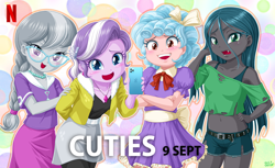 Size: 1400x854 | Tagged: safe, artist:uotapo, edit, imported from derpibooru, cozy glow, diamond tiara, queen chrysalis, silver spoon, human, equestria girls, age regression, background pony strikes again, belly button, belt, blushing, braided ponytail, caption, cellphone, clothes, compression shorts, cozybetes, cursed image, cute, cute little fangs, cutealis, cuties, denim shorts, diamondbetes, dress, equestria girls-ified, fangs, female, glasses, iphone, jewelry, laughing, legs, looking at you, midriff, mignonnes, necklace, netflix, oh god damn it no, oh god no, oh no, open mouth, phone, short shirt, shorts, silverbetes, skirt, thanks i hate it, thighs, this will end in fillycon, tomboy, we are going to hell, why, young, younger