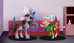 Size: 3073x1797 | Tagged: safe, artist:huffy26, imported from derpibooru, cashmere (tfh), oleander, classical unicorn, deer, unicorn, them's fightin' herds, cap'n'cash's, clothes, cloven hooves, community related, dark magician girl, duo, glasses, hat, high res, leonine tail, oleander (tfh), oleander is not amused, party hat, scarf, smiling, store, unamused, unshorn fetlocks, yu-gi-oh!