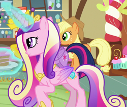 Size: 1468x1235 | Tagged: safe, imported from derpibooru, screencap, applejack, carrot cake, princess cadance, twilight sparkle, alicorn, pony, the one where pinkie pie knows, cake, cropped, folded wings, food, lidded eyes, magic, solo focus, telekinesis, twilight sparkle (alicorn), wings