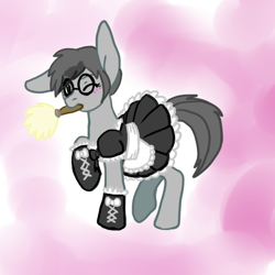 Size: 512x512 | Tagged: safe, artist:demonnyuu, imported from derpibooru, oc, oc only, earth pony, pony, blushing, clothes, commission, digital art, female, glasses, maid, mare, mouth hold, one eye closed, simple background, solo, tail, wink