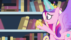 Size: 1280x720 | Tagged: safe, imported from derpibooru, screencap, princess cadance, alicorn, pony, the crystalling, book, bookshelf, female, flying, library, magic, solo, spread wings, wings