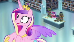 Size: 1280x720 | Tagged: safe, imported from derpibooru, screencap, princess cadance, twilight sparkle, alicorn, pony, the crystalling, book, bookshelf, flying, library, sisters-in-law, twilight sparkle (alicorn)