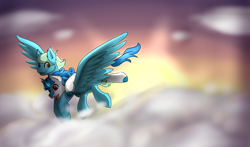 Size: 3000x1764 | Tagged: safe, artist:noxi1_48, imported from derpibooru, oc, oc:kiwi, oc:sea glow, kirin, pegasus, cloud, duo, flying, male, sky, smiling, stallion, wings