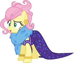 Size: 3515x3000 | Tagged: safe, artist:cloudy glow, artist:cloudyglow, imported from derpibooru, fluttershy, pegasus, pony, viva las pegasus, .ai available, alternate hairstyle, bracelet, clothes, disguise, dress, female, high res, impossibly rich, jewelry, mare, open mouth, simple background, transparent background, vector