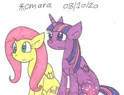 Size: 1135x866 | Tagged: safe, artist:cmara, imported from derpibooru, fluttershy, twilight sparkle, alicorn, pegasus, pony, duo, female, mare, simple background, sitting, traditional art, twilight sparkle (alicorn), white background