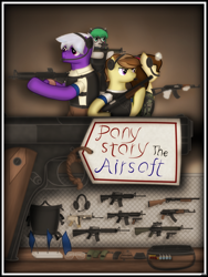 Size: 1750x2333 | Tagged: safe, artist:99999999000, imported from derpibooru, oc, oc:firearm king, oc:li anna, oc:mar baolin, oc:zhang cathy, earth pony, pegasus, pony, unicorn, comic:airsoft, airsoft, ak-47, ar-15, ar15, assault rifle, comic, cover, female, glasses, gun, handgun, m16, m1911, m4, male, pistol, rifle, shotgun, sniper rifle, weapon