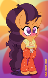 Size: 2000x3200 | Tagged: safe, artist:snakeythingy, imported from derpibooru, saffron masala, pony, unicorn, arm behind back, bipedal, blushing, chest fluff, clothes, cutie mark, cutie mark background, gradient background, pajamas, standing