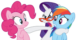 Size: 1307x686 | Tagged: safe, artist:sollace, derpibooru exclusive, imported from derpibooru, pinkie pie, rainbow dash, rarity, earth pony, pegasus, pony, unicorn, rarity takes manehattan, .svg available, bipedal, glasses, looking at you, looking away, open mouth, raised eyebrow, rarity's glasses, show accurate, simple background, svg, transparent background, trio, vector