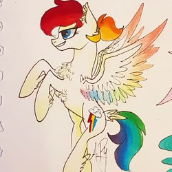 Size: 799x799 | Tagged: safe, artist:galaxy.in.mind, imported from derpibooru, rainbow dash, pegasus, pony, chest fluff, female, mare, rearing, redesign, solo, traditional art