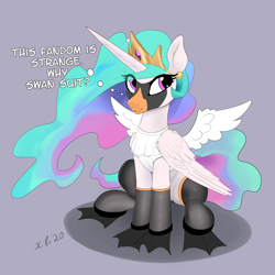 Size: 2322x2323 | Tagged: safe, alternate version, artist:xbi, imported from derpibooru, princess celestia, alicorn, bird, pony, swan, 30 minute art challenge finished after, animal costume, celestia is not amused, clothes, costume, dialogue, fake wings, female, flippers, flippers (gear), gray background, high res, simple background, sitting, socks, solo, suit, swanlestia, unamused