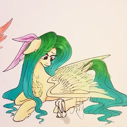 Size: 851x851 | Tagged: safe, artist:galaxy.in.mind, imported from derpibooru, fluttershy, pegasus, pony, rabbit, animal, female, lying down, mare, prone, redesign, solo, traditional art