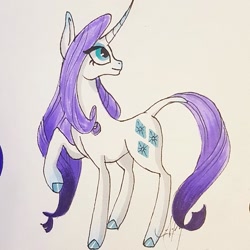 Size: 1041x1040 | Tagged: safe, artist:galaxy.in.mind, imported from derpibooru, rarity, pony, unicorn, colored hooves, curved horn, female, horn, leonine tail, looking back, looking up, mare, redesign, solo, traditional art