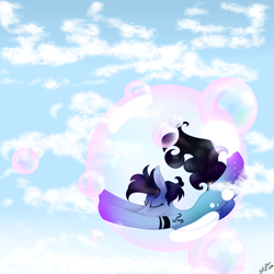 Size: 3000x3000 | Tagged: safe, artist:intfighter, imported from derpibooru, oc, oc only, earth pony, pony, bubble, cloud, earth pony oc, eyes closed, floating, signature, solo