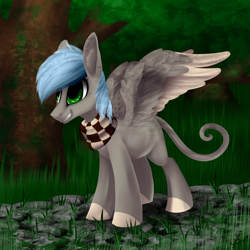 Size: 2362x2362 | Tagged: safe, artist:intfighter, imported from derpibooru, oc, oc only, pegasus, pony, clothes, colored hooves, leonine tail, outdoors, pegasus oc, scarf, solo, tree, two toned wings, wings