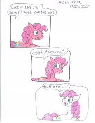 Size: 1672x2161 | Tagged: safe, artist:cmara, imported from derpibooru, pinkie pie, earth pony, pony, breaking the fourth wall, comic, female, fourth wall, lazy, mare, open mouth, pinkie being pinkie, simple background, solo, traditional art, white background