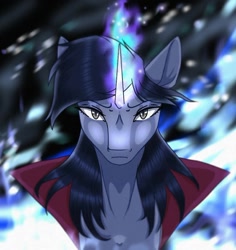 Size: 978x1037 | Tagged: safe, artist:monyias_art, imported from derpibooru, oc, oc only, pony, unicorn, bust, clothes, glowing horn, horn, solo, unicorn oc