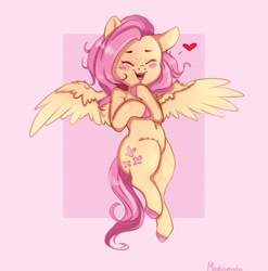 Size: 2859x2897 | Tagged: safe, artist:miokomata, imported from derpibooru, fluttershy, pegasus, pony, colored hooves, cute, ear fluff, eyes closed, female, floating heart, flying, freckles, freckleshy, heart, high res, leg fluff, mare, open mouth, pink background, shyabetes, simple background, solo, spread wings, wings