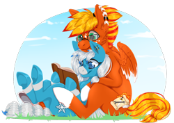 Size: 1200x850 | Tagged: safe, artist:octo_pus, imported from derpibooru, oc, oc only, oc:blaze fury, oc:freezing blizzard, hybrid, pegasus, book, brother and sister, duo, female, glasses, male, siblings, simple background, transparent background