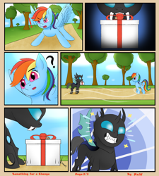 Size: 1800x2000 | Tagged: safe, artist:ponyxwright, imported from derpibooru, rainbow dash, changeling, pegasus, pony, comic:something for a change, cloud, comic, gift box, grass, present, sky, tree